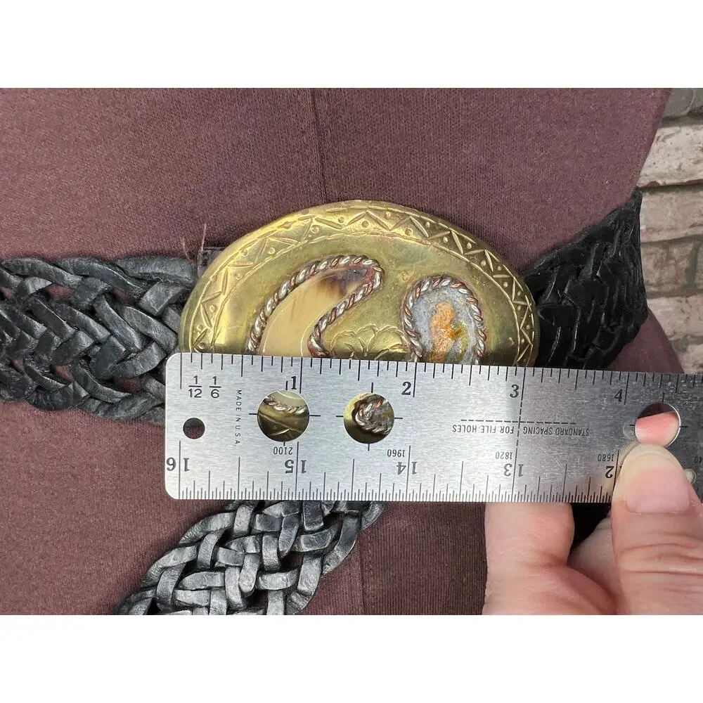 belt split leather black braided goldtone buckle stone western